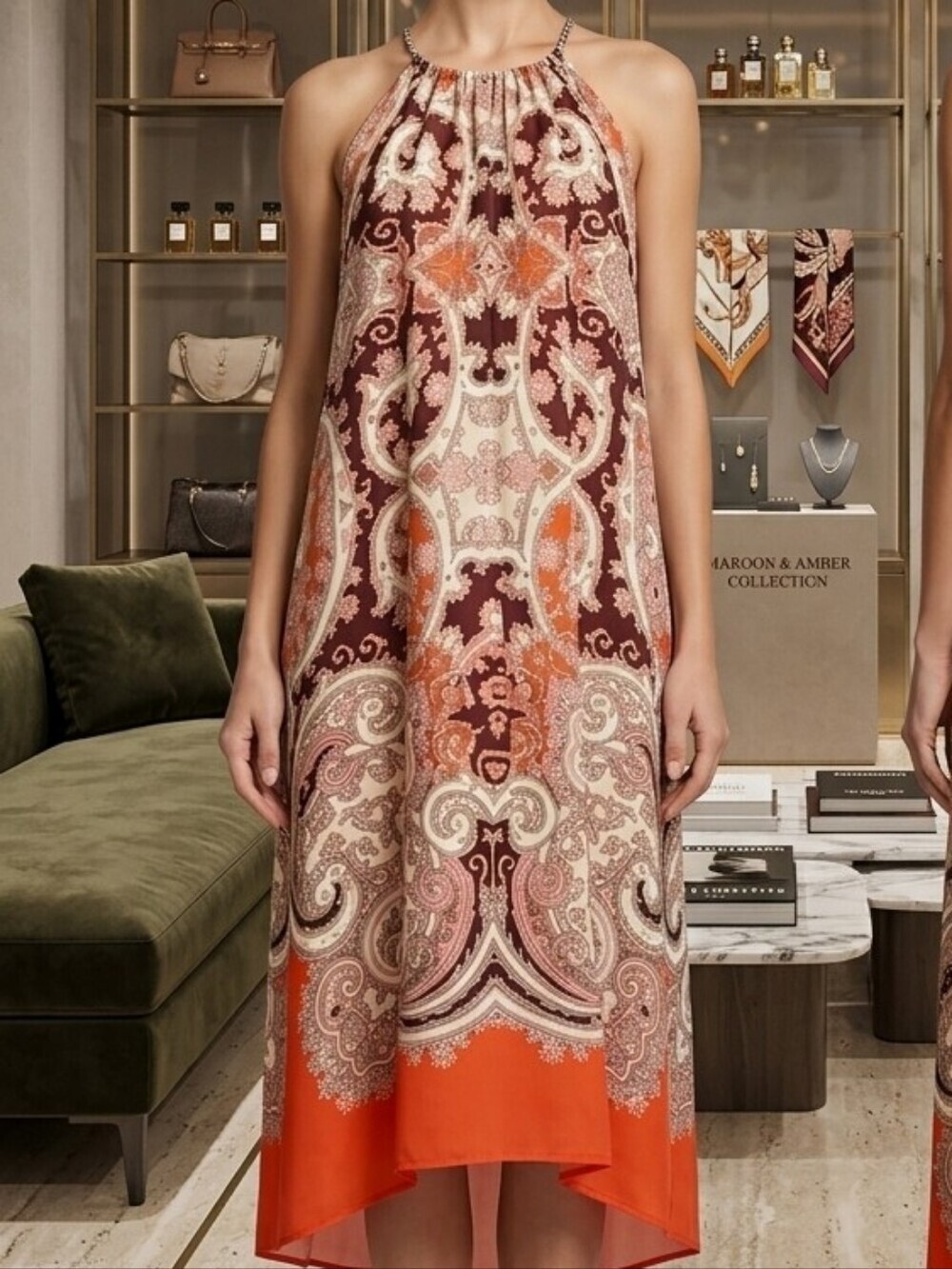 844. MICHAEL Michael Kors Paisley Halter Backless Midi Dress - Orange Maroon(G2)